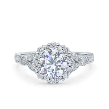 14K White Gold Floral Art Deco Engagement Ring Simulated Cubic Zirconia Size-7